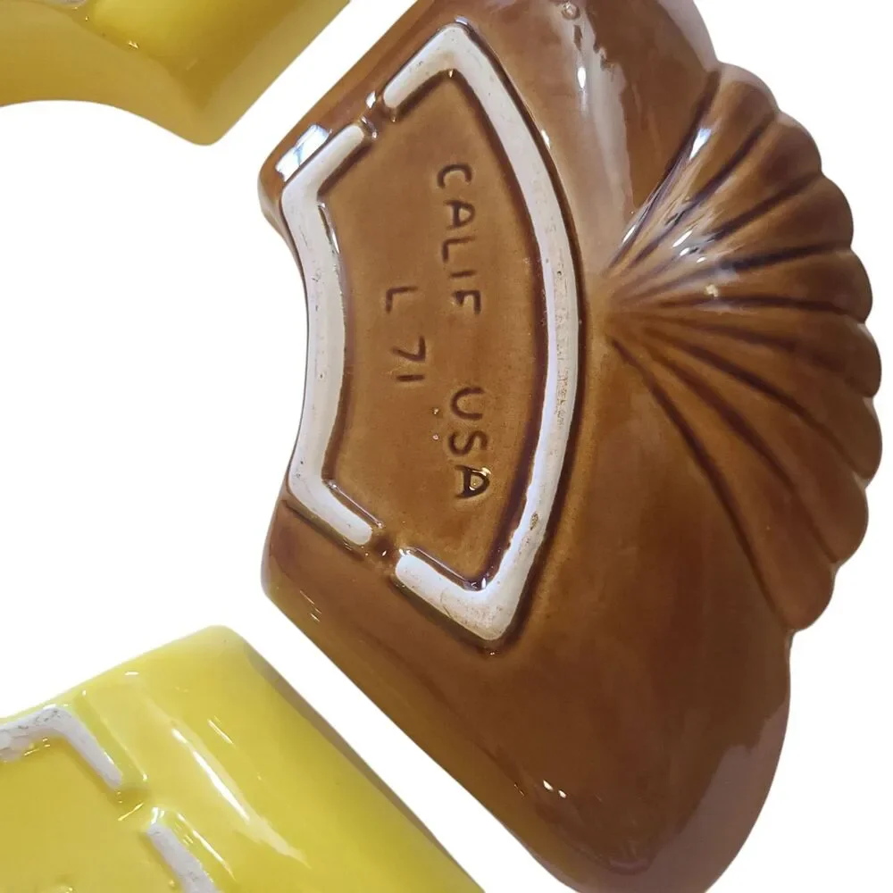 Vintage 4 California Pottery Lazy Susan Chip Dip Sections Yellow Brown USA L-71